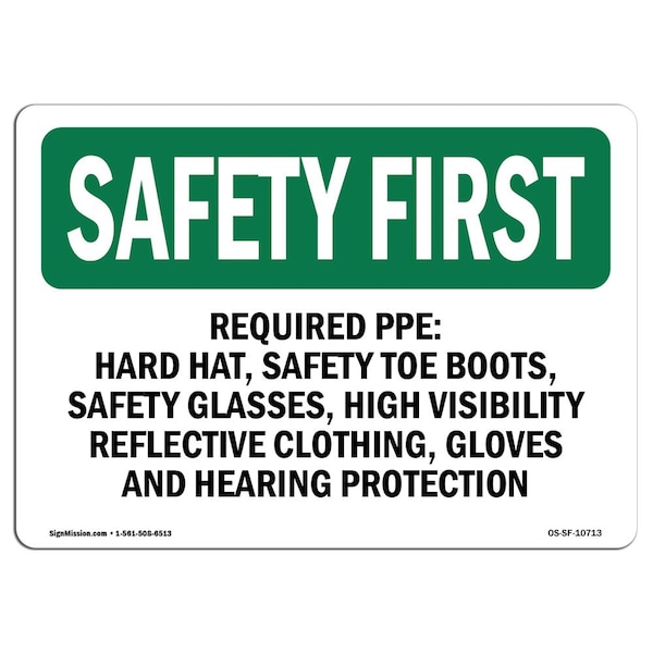 OSHA Sign, Required PPE Hard Hat Toe Boots, 18in X 12in Aluminum, 18" W, 12" H, Landscape